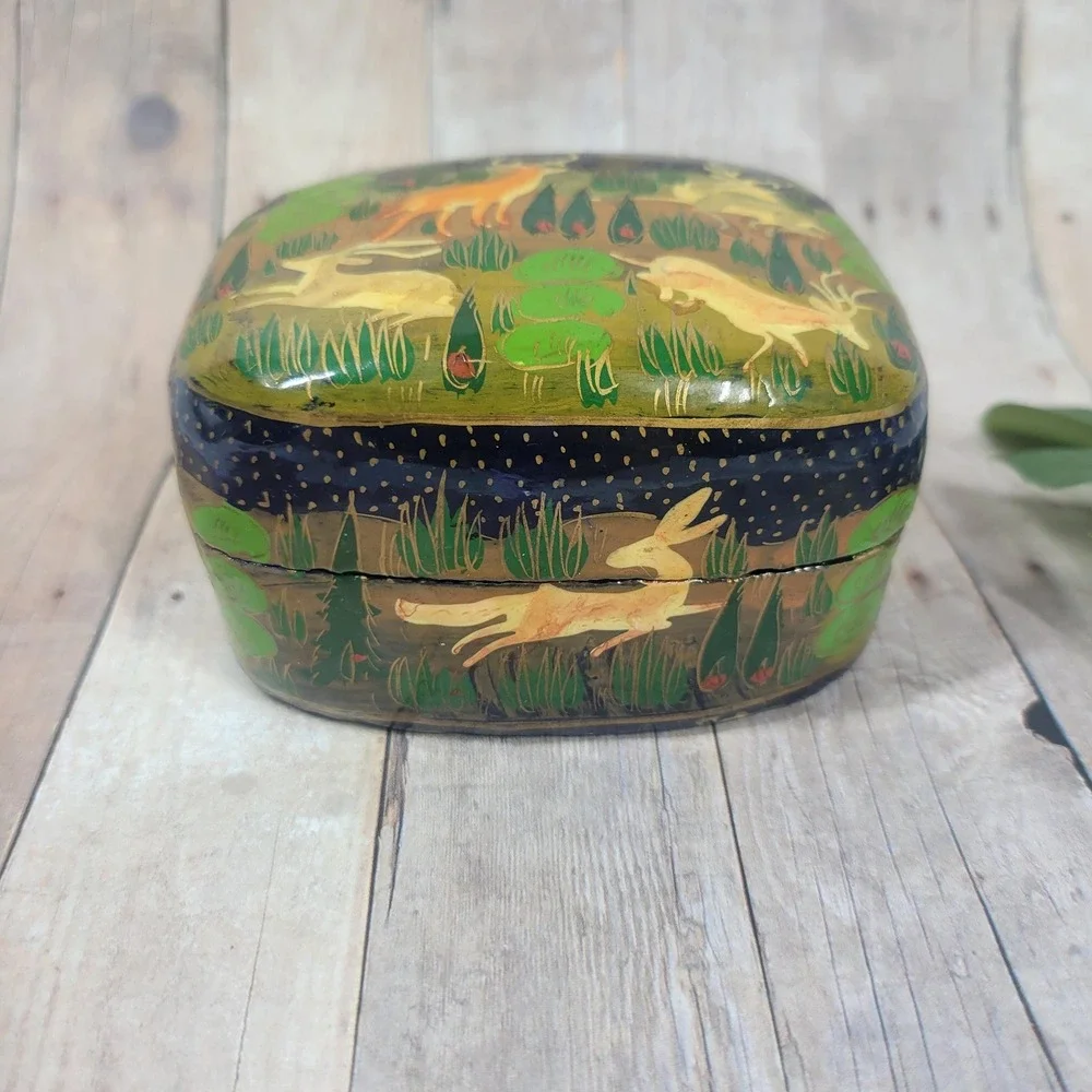Vintage Kashmiri Paper Mache Trinket Box Hand Painted Deer Laquered Tea Box